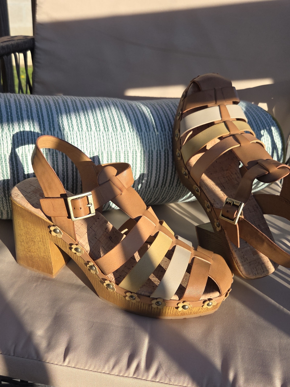 Korks Tan and Cream Strappy Platform Sandals with Studded Wood-Look Heel